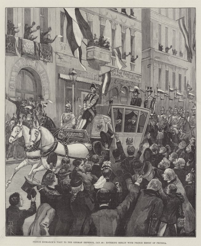 Visita del príncipe Bismarck al emperador alemán, 26 de enero, entrando en Berlín con el príncipe Enrique de Prusia de Amedee Forestier