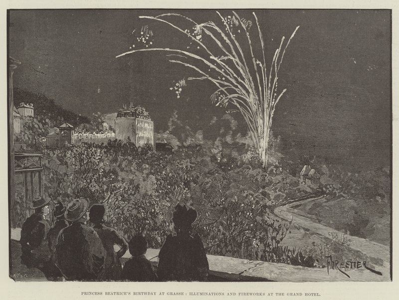 Cumpleaños de la Princesa Beatriz en Grasse, Iluminaciones y Fuegos Artificiales en el Grand Hotel de Amedee Forestier