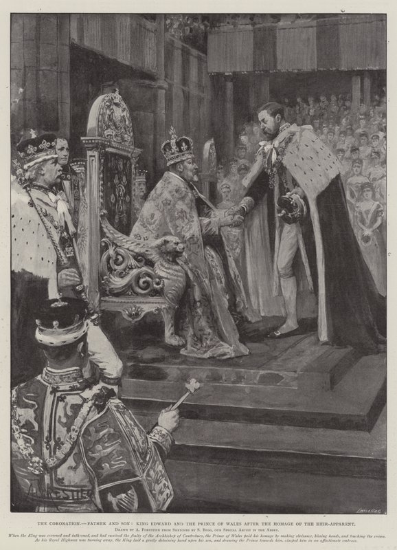 La coronación, padre e hijo, el rey Eduardo y el príncipe de Gales después del homenaje del heredero aparente de Amedee Forestier
