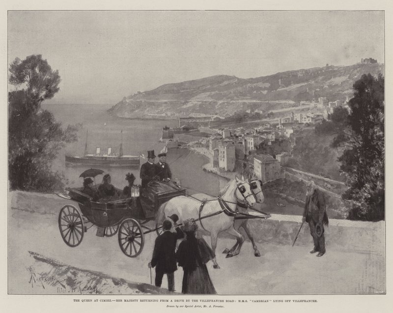 La Reina en Cimiez, Su Majestad regresando de un paseo por la carretera de Villefranche, HMS Cambrian anclado frente a Villefranche de Amedee Forestier