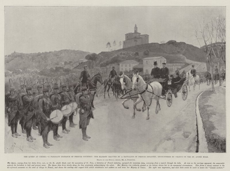 La reina en Cimiez, un agradable ejemplo de cortesía francesa, Su Majestad saludada por un batallón de infantería francesa, encontrado por casualidad en la carretera de St Andre de Amedee Forestier