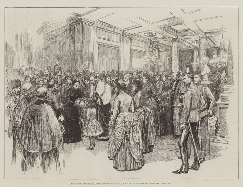 La Reina en la Mansion House, Ciudad de Londres, a su regreso del East End de Amedee Forestier