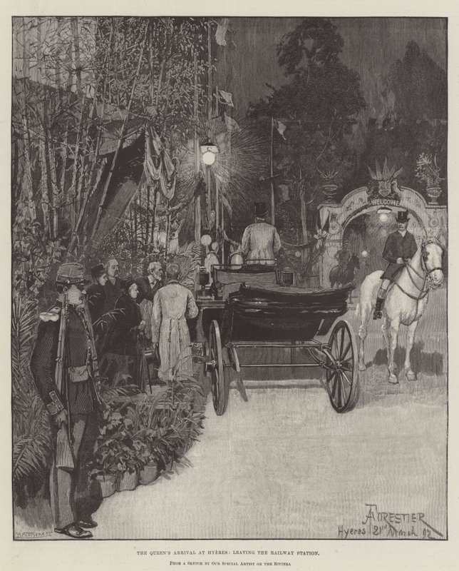 La llegada de la Reina a Hyeres, saliendo de la estación de tren de Amedee Forestier