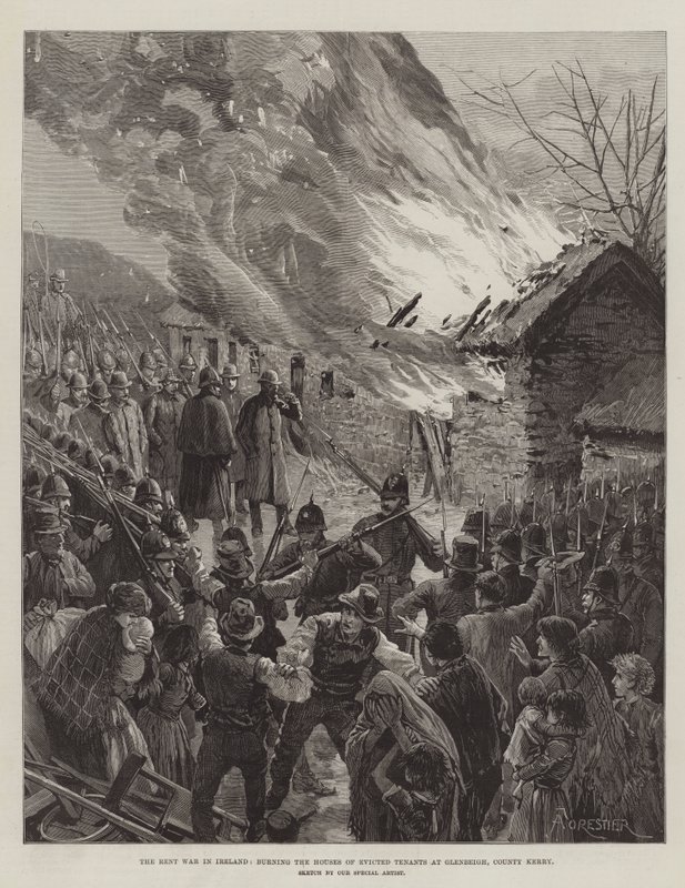 La guerra de las rentas en Irlanda, quemando las casas de los inquilinos desalojados en Glenbeigh, Condado de Kerry de Amedee Forestier