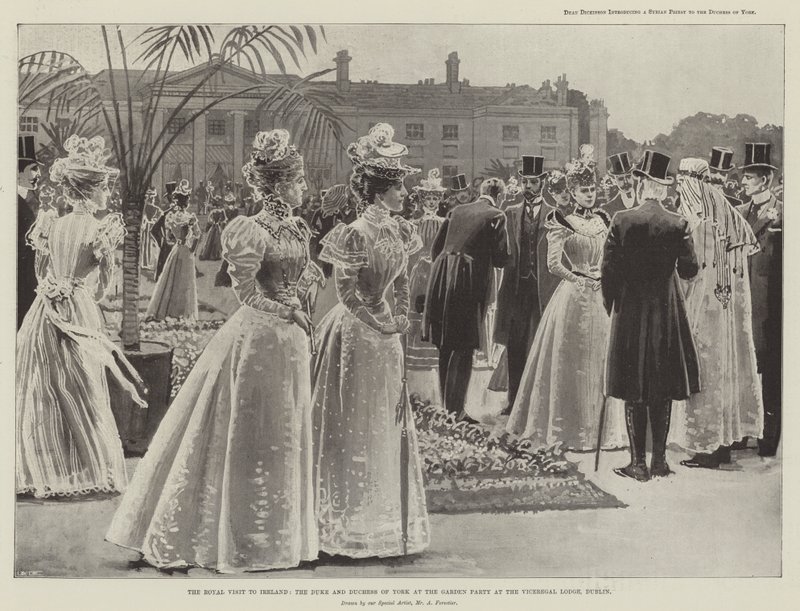 La visita real a Irlanda, el duque y la duquesa de York en la fiesta en el jardín en la Residencia Virreinal, Dublín de Amedee Forestier