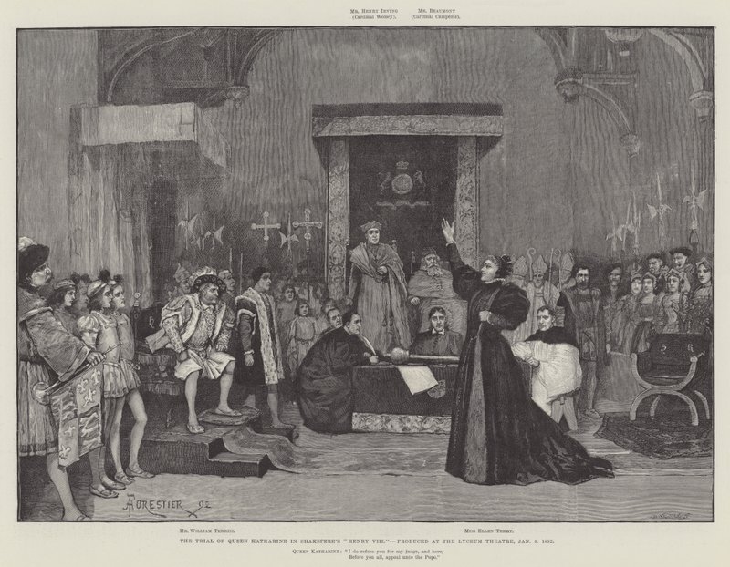 El juicio de la Reina Catalina en Enrique VIII de Shakespeare, producido en el Teatro Lyceum, 5 de enero de 1892 de Amedee Forestier