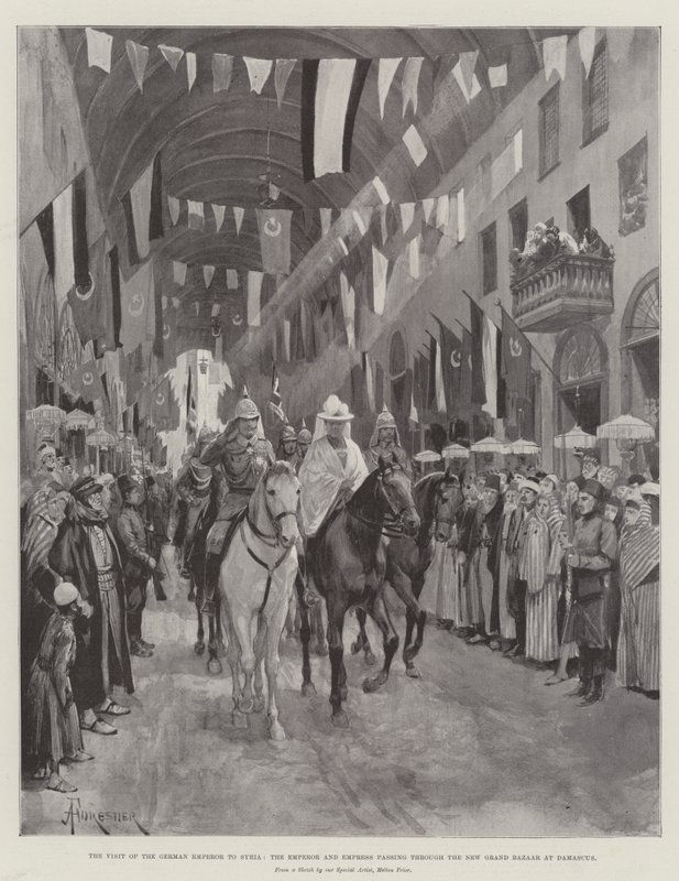 La visita del emperador alemán a Siria, el emperador y la emperatriz pasando por el nuevo Gran Bazar en Damasco de Amedee Forestier