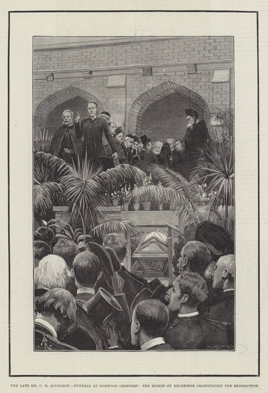 El difunto Sr. C. H. Spurgeon, funeral en el cementerio de Norwood, el obispo de Rochester pronunciando la bendición de Amedee Forestier