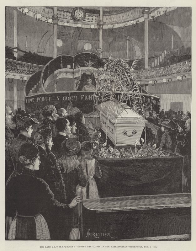 El difunto Sr. C H Spurgeon, viendo el ataúd en el Tabernáculo Metropolitano, 9 de febrero de 1892 de Amedee Forestier
