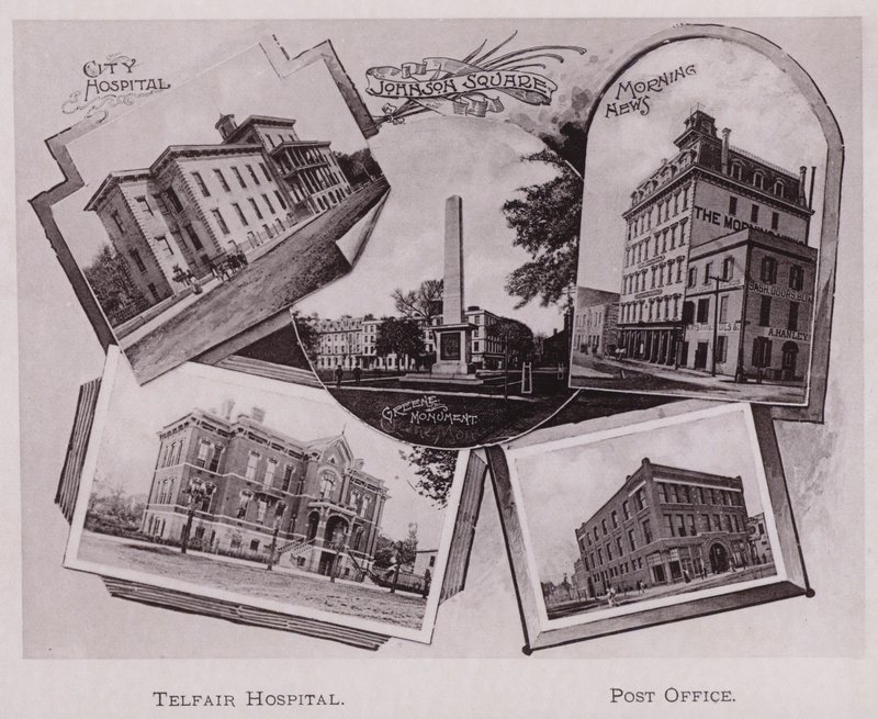 Hospital de la Ciudad; Plaza Johnson; Monumento a Greene; Morning News, Hospital Telfair, Oficina de Correos (foto en blanco y negro) de American Photographer (after)