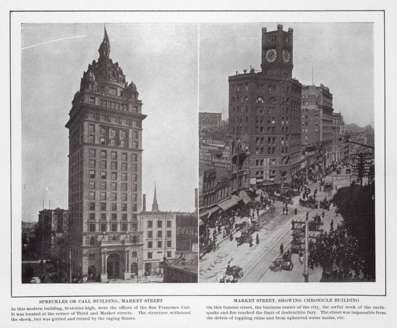 San Francisco: Edificio Spreckles o Call, Calle Market; Calle Market, mostrando el Edificio Chronicle de American Photographer (after)