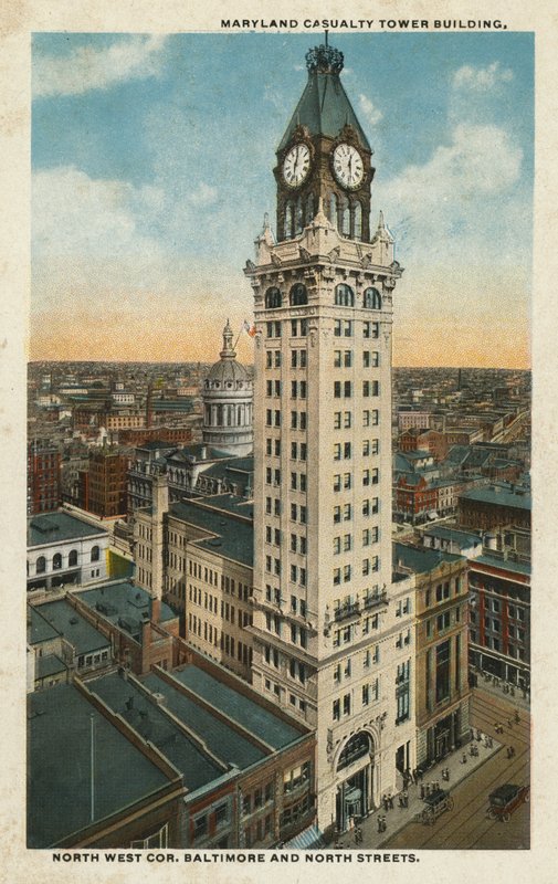 Baltimore, MA: Edificio Maryland Casualty Tower, esquina noroeste de las calles Baltimore y North (fotografía en color) de American Photographer