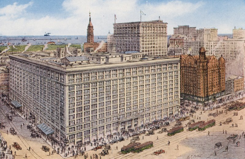 Chicago: Marshall Field and Company desde las calles State y Randolph, locales comerciales de la tienda más grande del mundo (foto en color) de American Photographer