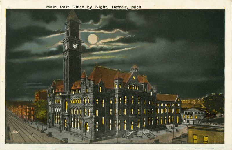 Oficina principal de correos de noche, Detroit, Michigan (foto en color) de American Photographer