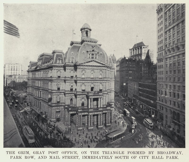 La sombría y gris oficina de correos, en el triángulo formado por Broadway, Park Row y Mail Street, al sur del City Hall Park de American Photographer