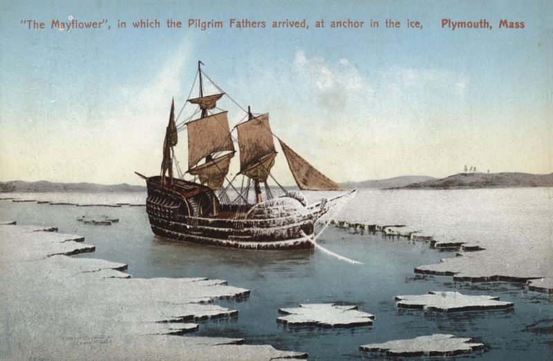 El Mayflower, en el que llegaron los Padres Peregrinos, anclado en el hielo, Plymouth, Massachusetts (foto en color) de American Photographer