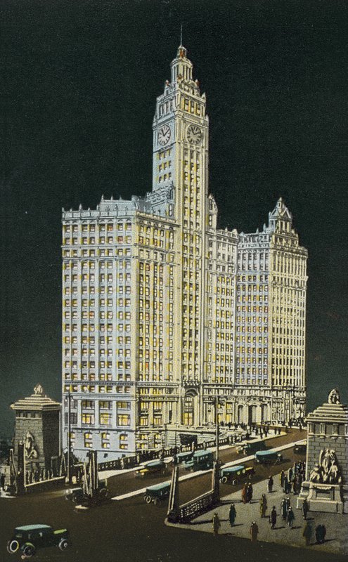 Edificio Wrigley, sección sur y norte, de noche de American Photographer