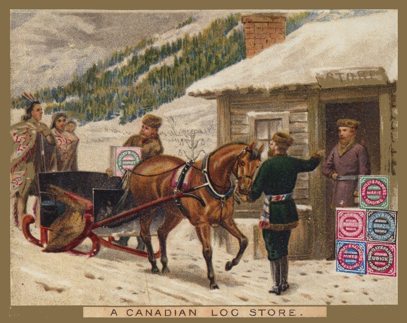 Tienda de troncos canadiense, anuncio de Huntley and Palmer de American School