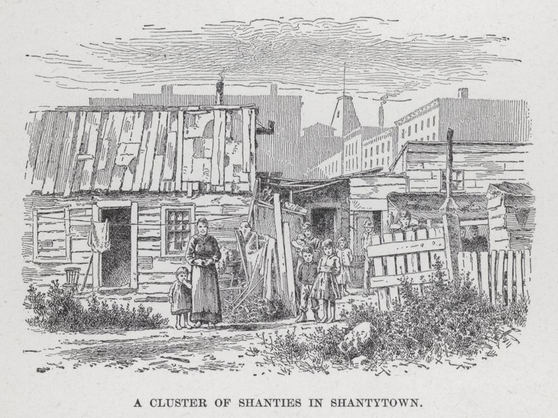 Un grupo de chabolas en Shantytown (litografía) de American School
