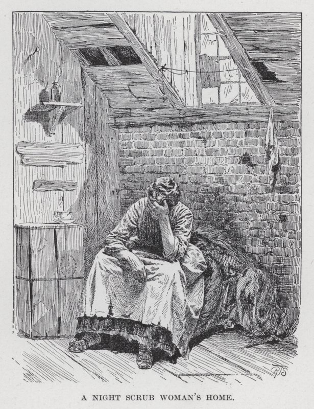 El hogar de una mujer de limpieza nocturna (litografía) de American School