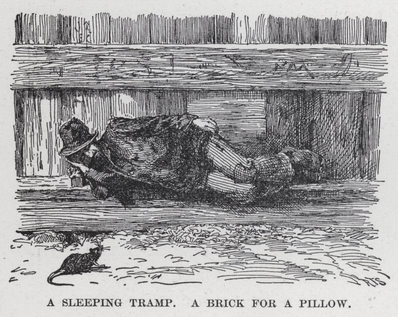 Un vagabundo durmiendo, un ladrillo como almohada (litografía) de American School