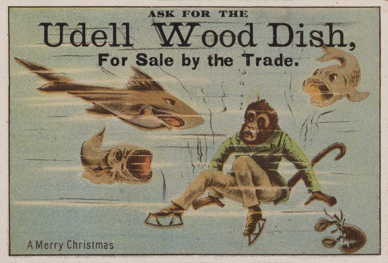 Feliz Navidad, tarjeta comercial que anuncia platos de madera Udell de American School