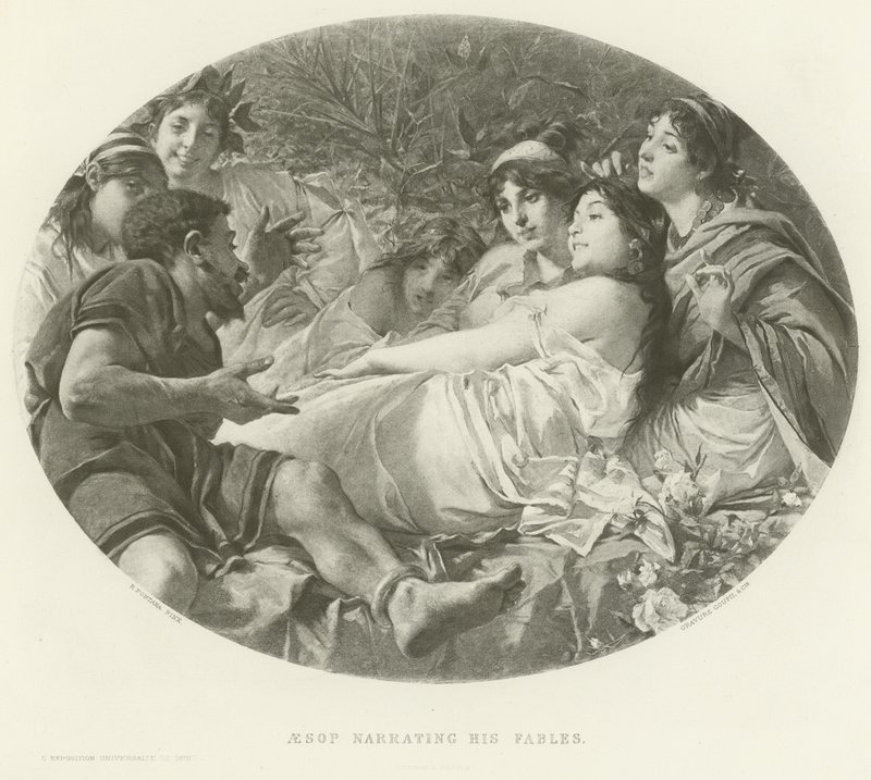 Esopo narrando sus fábulas (grabado) de American School