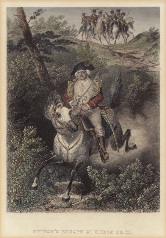 Escape del General Americano Israel Putnam de los británicos en Horse Neck, Connecticut, Guerra de Independencia Americana de American School