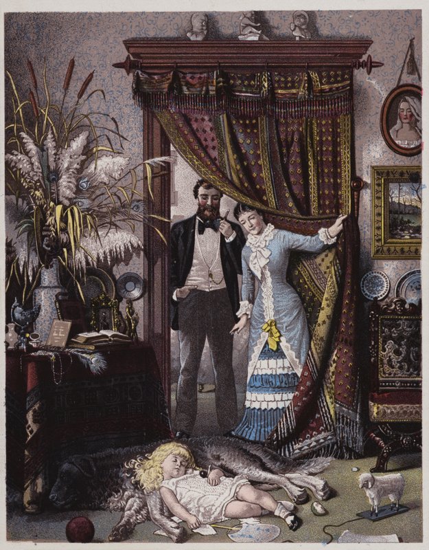 Pareja americana mirando a su hija dormida sobre el perro (litografía en color) de American School
