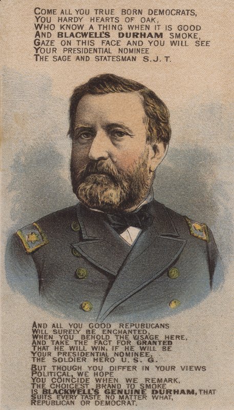 Soldado y político estadounidense Ulysses S. Grant, tarjeta comercial que anuncia el tabaco Blackwell Durham Bull, 1870s de American School