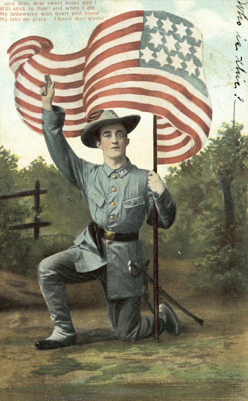 Soldado americano sosteniendo la bandera de las estrellas y las franjas de American School