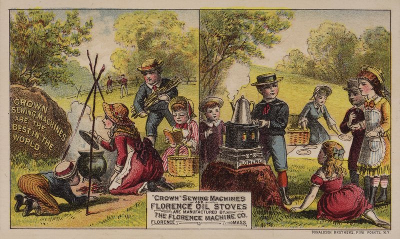 Tarjeta comercial estadounidense que anuncia máquinas de coser y estufas de aceite fabricadas por la Florence Machine Company, Massachusetts, c.1880s de American School