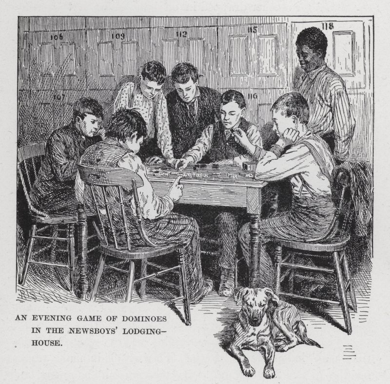 Un juego vespertino de dominó en la casa de alojamiento de los vendedores de periódicos (litografía) de American School