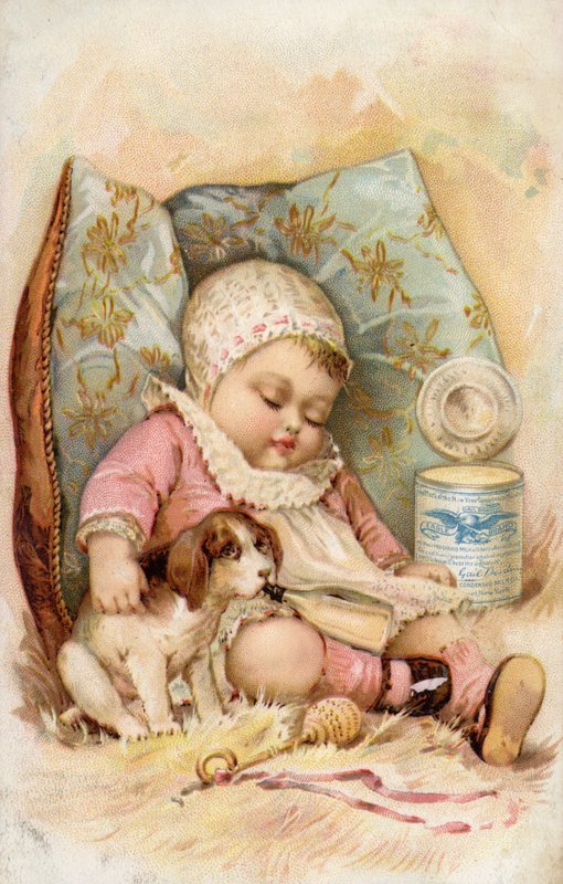 Bebé con cachorro bebiendo de una botella, anuncio de leche preservada de American School
