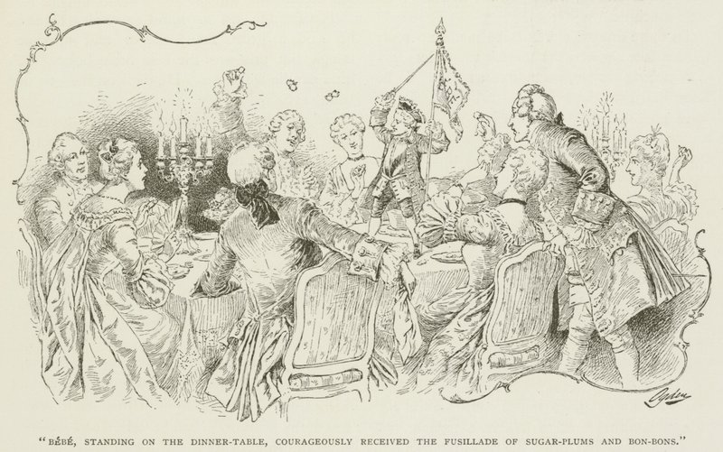 "Bebé, de pie sobre la mesa del comedor, recibió valientemente la descarga de confites y bombones" de American School