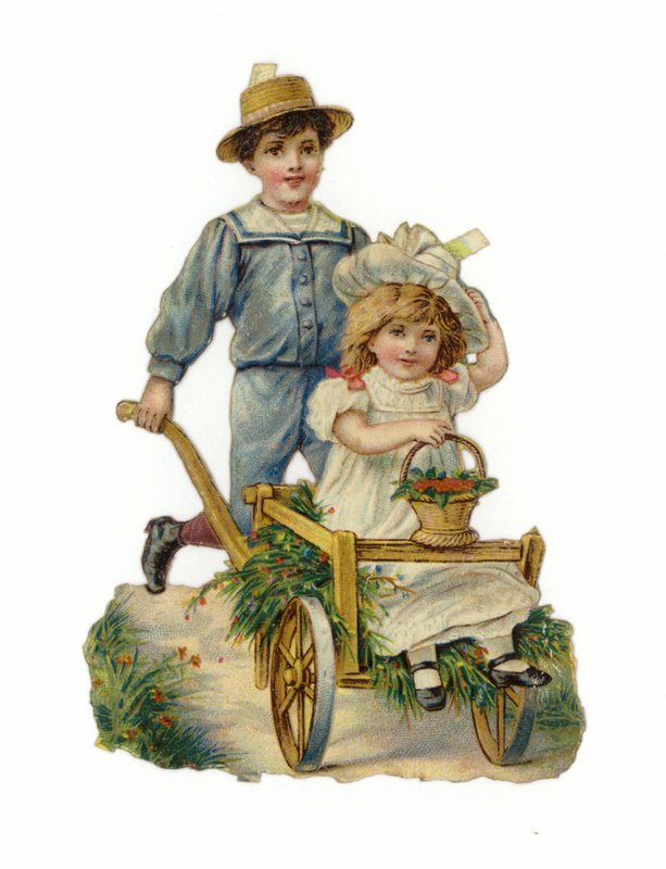 Niño empujando un carrito con una niña sentada dentro de American School