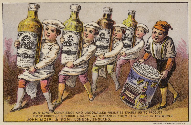 Niños llevando productos de John Moir and Son, Londres de American School