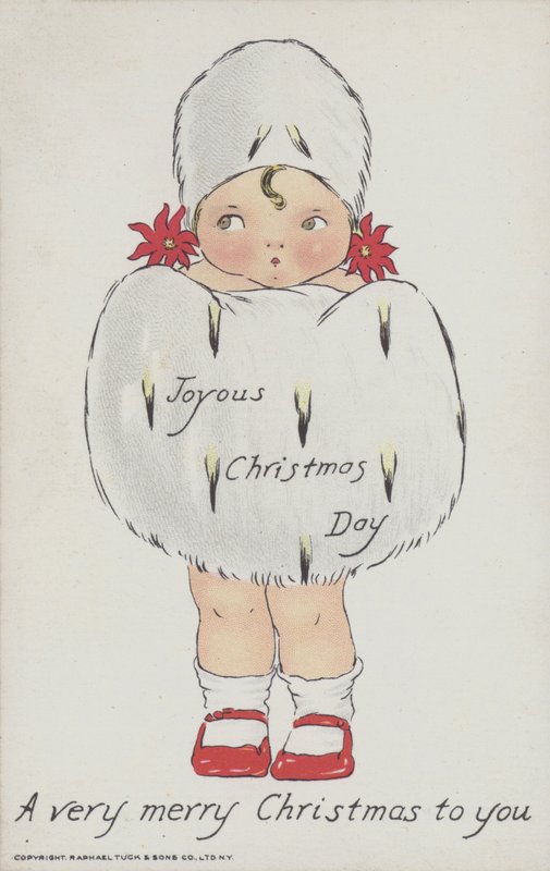 Tarjeta de felicitación navideña que representa a un niño con manguito y gorro de piel navideños. (cromolito) de American School