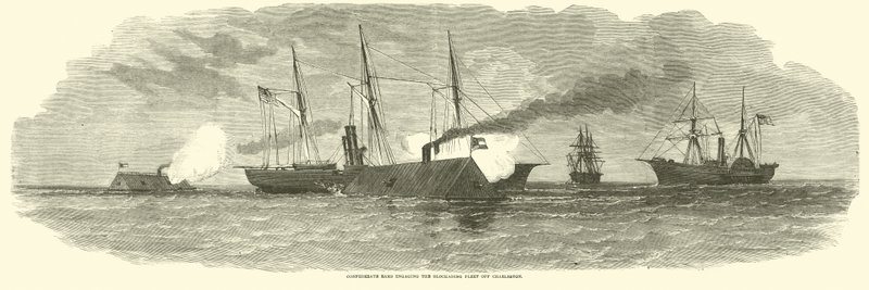 Arietes confederados enfrentando a la flota de bloqueo frente a Charleston, enero 1863 de American School
