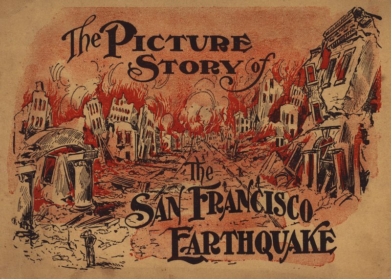 Ilustración de portada para The Picture Story of the San Francisco Earthquake (litografía en color) de American School