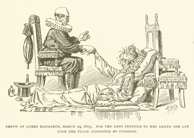 Muerte de la Reina Isabel, 24 de marzo de 1603, Durante diez días antes de su muerte estuvo acostada en el suelo apoyada por cojines de American School
