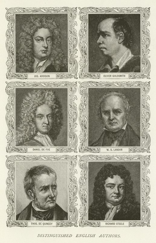 Autores ingleses distinguidos, Joseph Addison, Oliver Goldsmith, Daniel Defoe, W S Landor, Thomas De Quincey, Richard Steele de American School