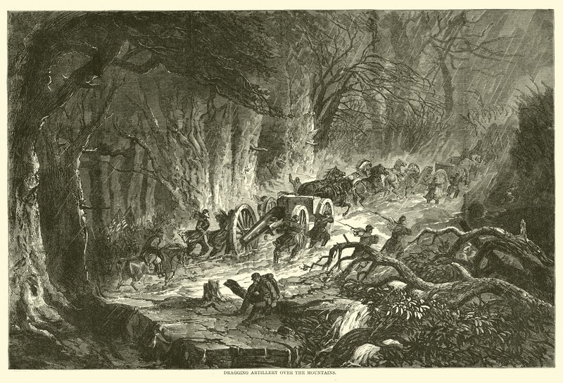 Arrastrando artillería sobre las montañas, agosto de 1863 de American School
