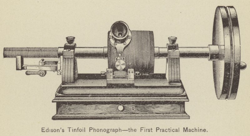 Fonógrafo de papel de estaño de Edison, la primera máquina práctica (grabado) de American School