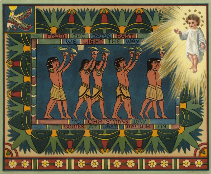 Tarjeta navideña de temática egipcia, que muestra cómo el Pasado condujo a Jesucristo (litografía en color) de American School