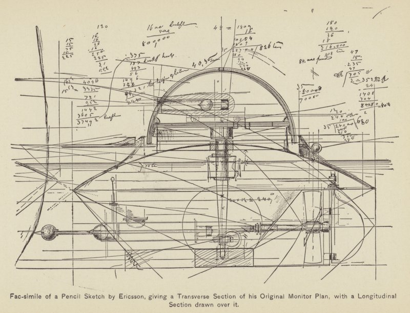 Facsímil de un boceto a lápiz de Ericsson, con una sección transversal de su monitor original (grabado) de American School
