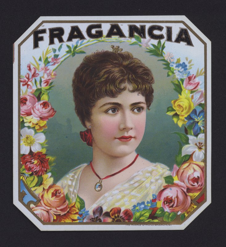 Fragancia, etiqueta de cigarro (chromolitho) de American School