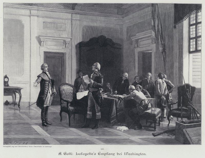 George Washington dando la bienvenida al Marqués de Lafayette de American School