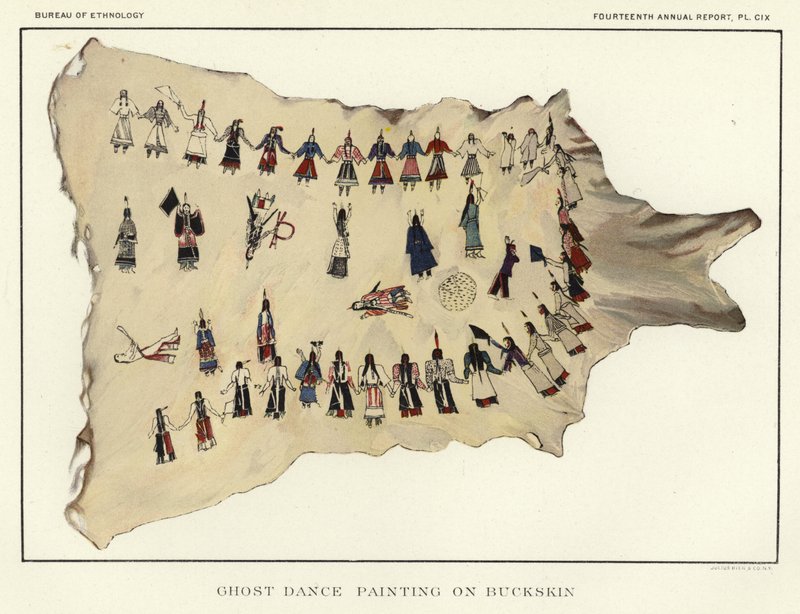 Pintura de la danza fantasma en piel de venado de American School