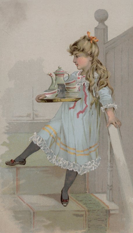 Niña llevando una cafetera en una bandeja de American School